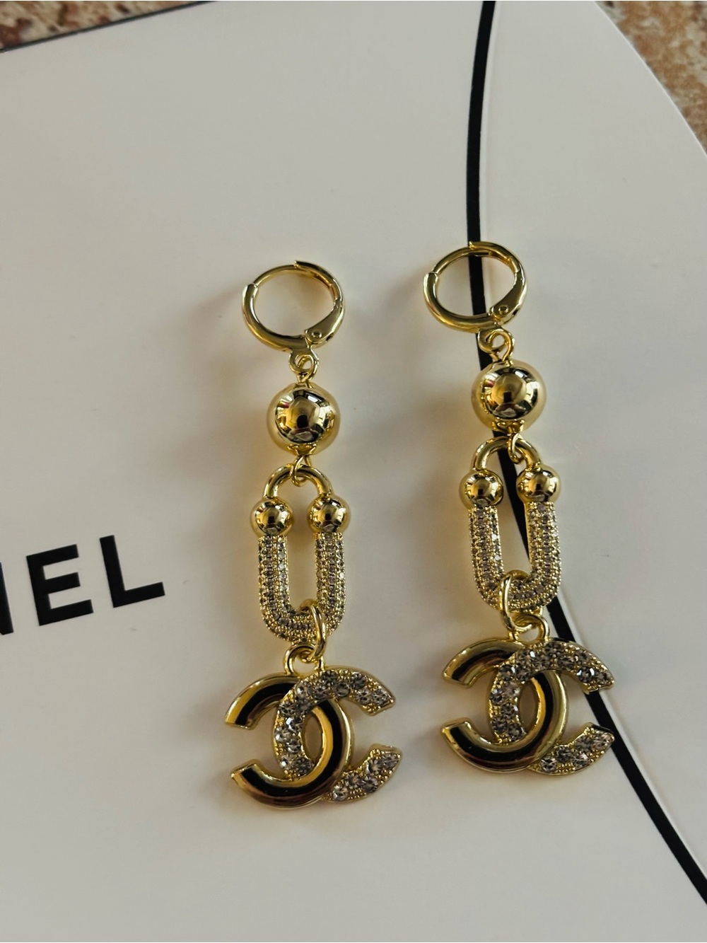 Crystal Gold Tone Earrings with Authentic Hardware & Chanel Box
